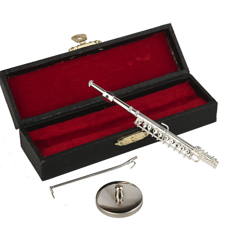 Dselvgvu Miniature Flute with Stand and Case Brass Mini Musical Instrument Flute Replica Collectible Figurines Dollhouse Accessories Model Home Decoration Display Ornament (Silver, 4.29") - Image 1
